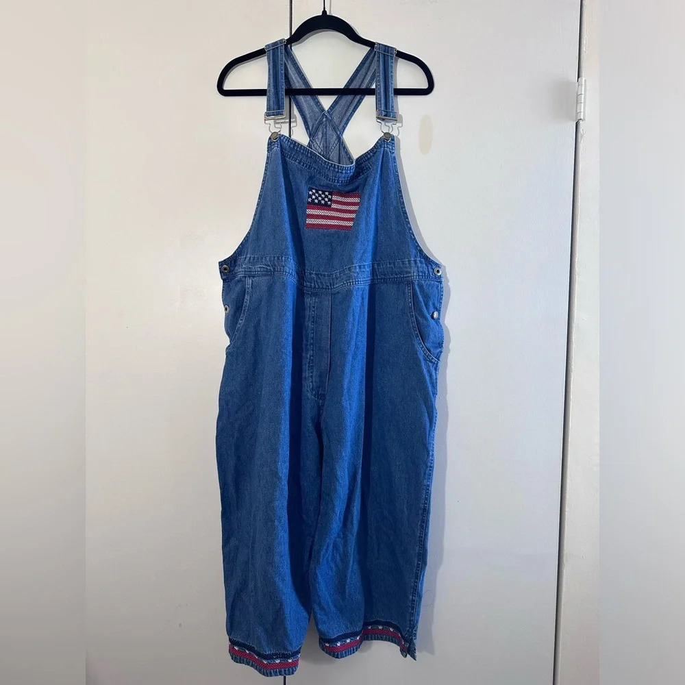 Vintage 90’s Agapo Embroidered American flag denim cropped overalls sizeXL - Picture 3 of 15
